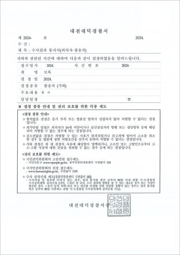 고소 기한 초과, 모욕죄 각하 결정