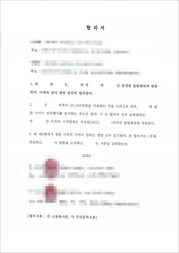 합의로 위자료 1,500만원 확보