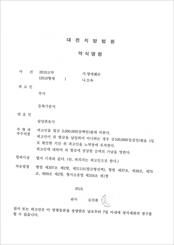상사의 명예훼손, 약식명령